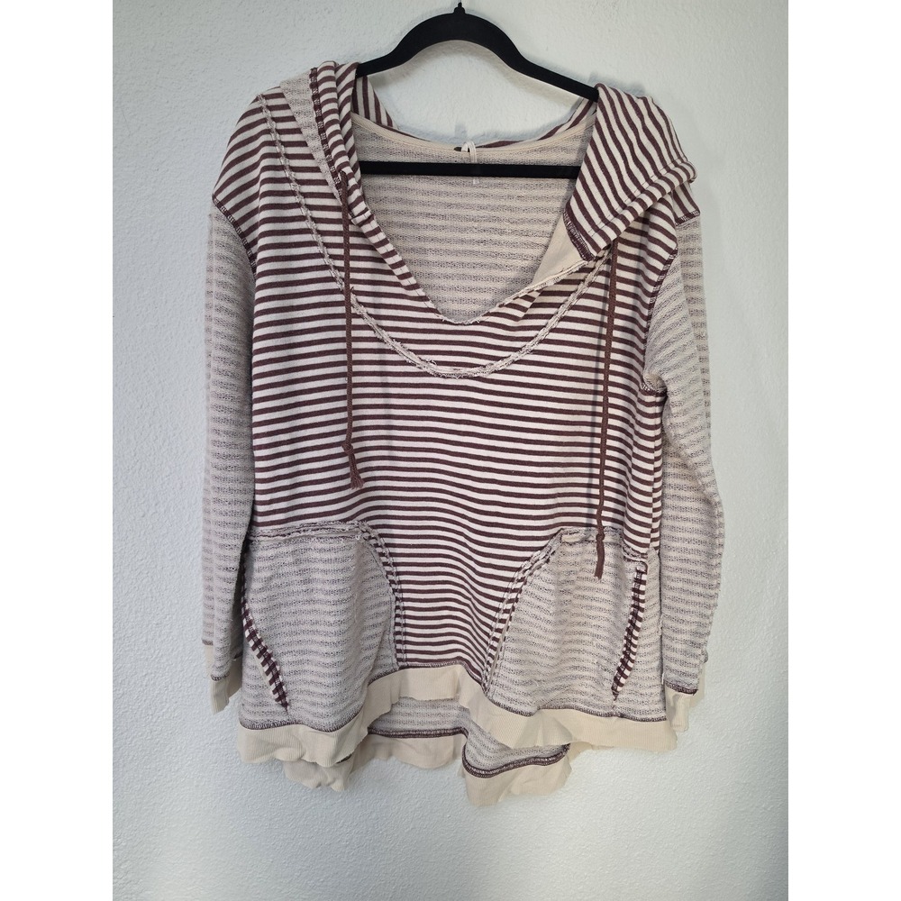 Free People Hoodie M Brown White Striped Long Sleeve Pullover Boho Cotton